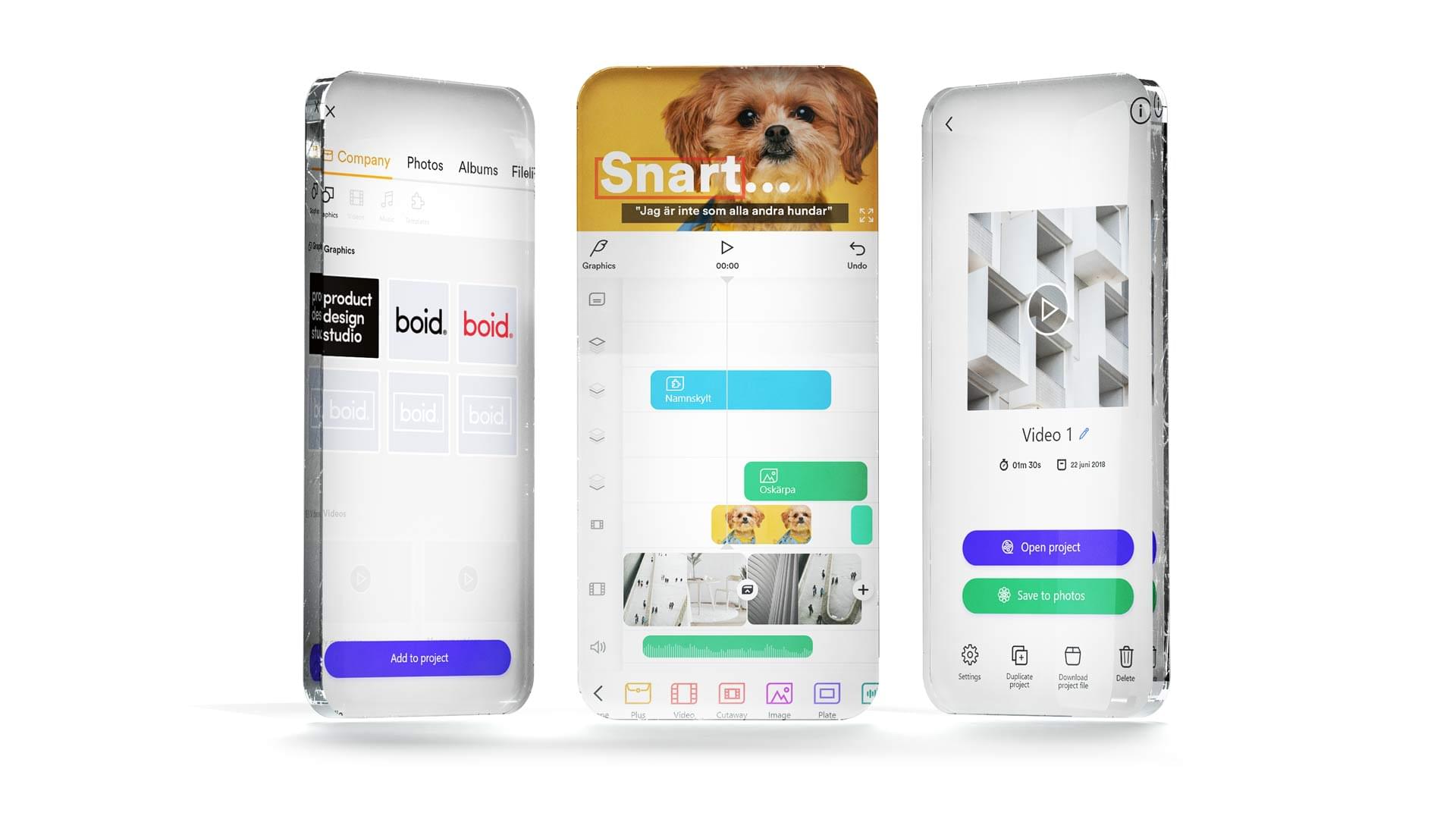 Smartphone-liknande prototyper som visar webbapplikationen Clipsk's Videoapp för journalister i tre olika vyer.